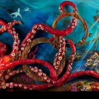 seascape exhibit mixed media painting with a 3D octopus