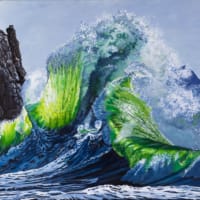 seascape exhibit massive blue and green wave breaking on the rocks