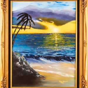 coastal sunset with golden sunset and palm trees