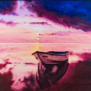 brightly colored ocean sunset scene with a rowboat