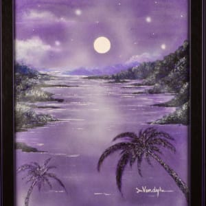 purple toned painting with moonlight and palm trees