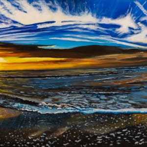 seascape exhibit painting blue and gold sunset on the coast