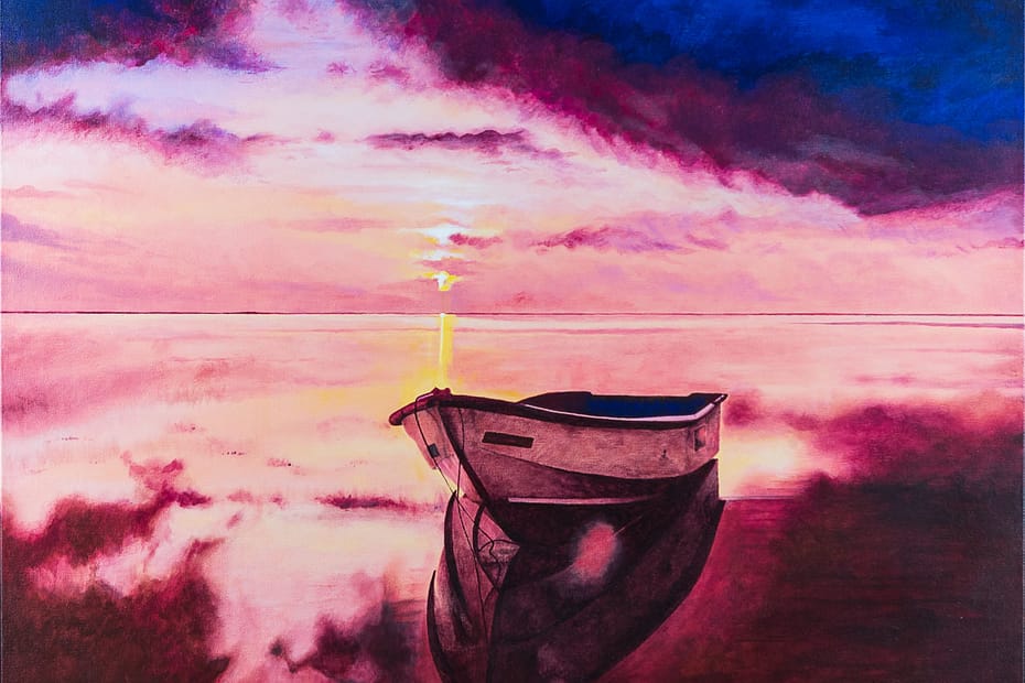 brightly colored ocean sunset scene with a rowboat