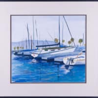 cool blue watercolor of sailboats in the harbor