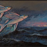 seascape exhibit mixed media painting with fish and a coast guard boat